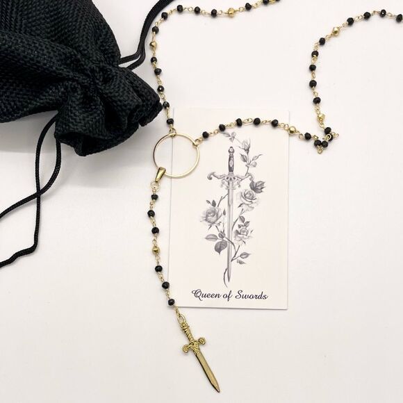 14K Gold Pyrite & Onyx Crystal wire wrapped rosary necklace with Excalibur Sword